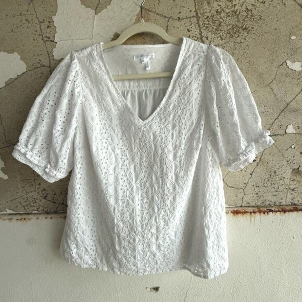Eyelet Puff Sleeve Top Cotton V Neck Feminine Cottagecore Shirt Draper James M